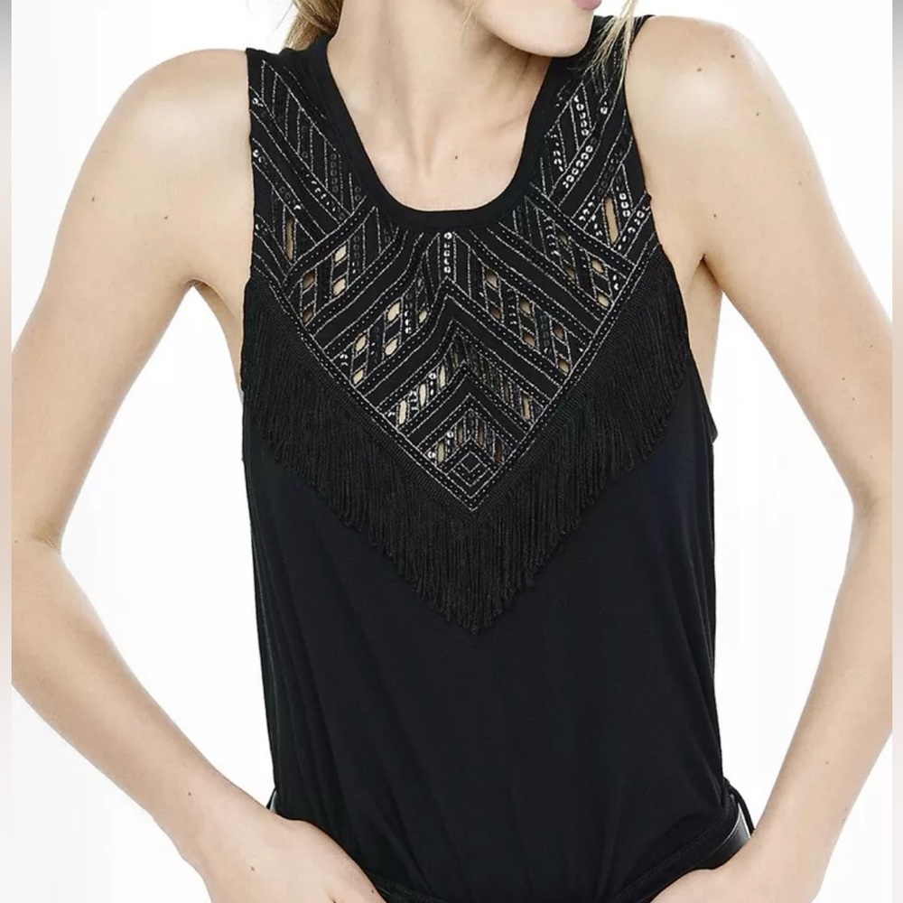 EXPRESS Sleeveless Black Fringe Cut-Out Embellished Tank